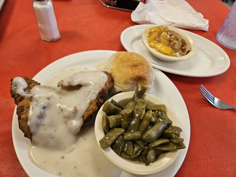 Chicken Fried Steak with Green Beans and Peach Cobbler